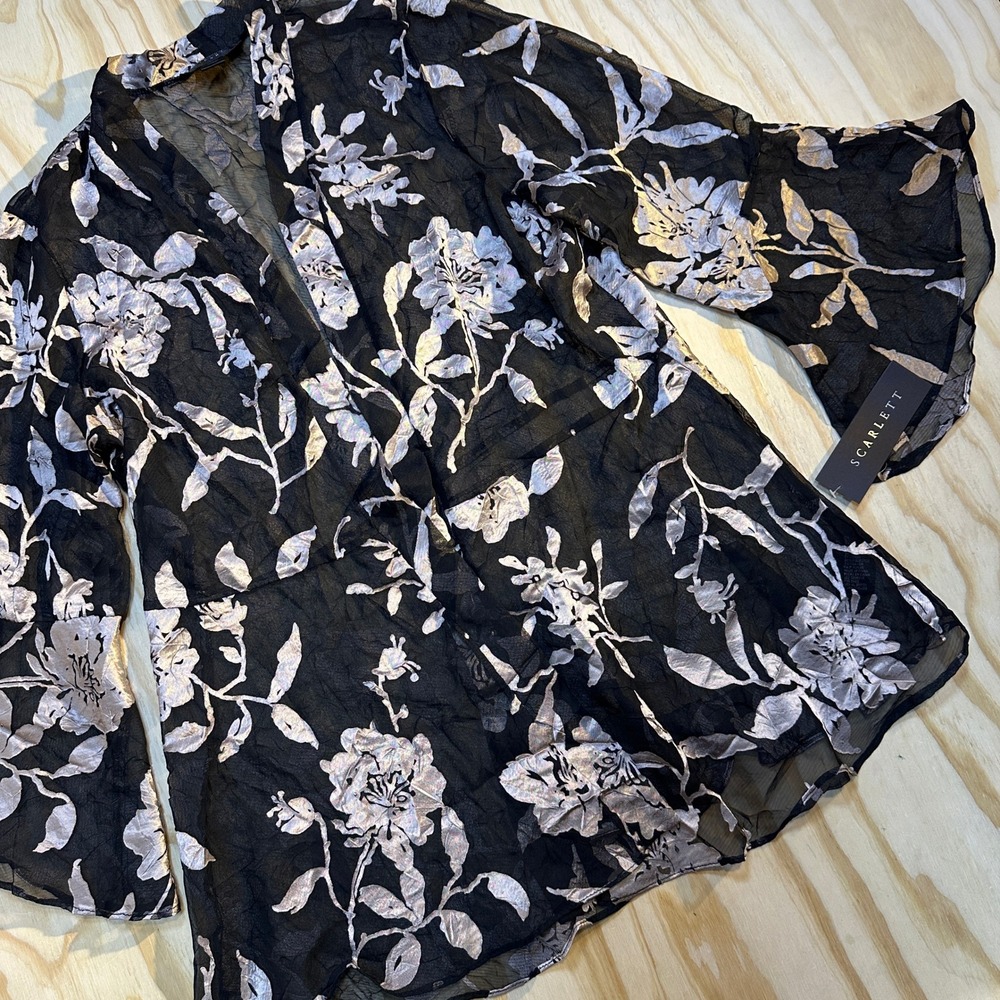Scarlett Womens 14 Black Silver Metallic Floral Sheer Bell Sleeve Blouse NWT